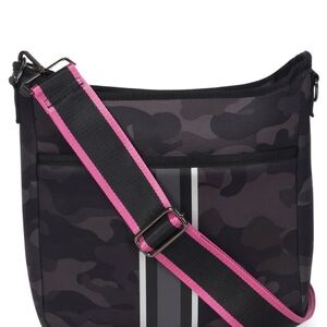 Haute Shore Women’s Black Camo Crossbody Bag with Pink-Trim Strap